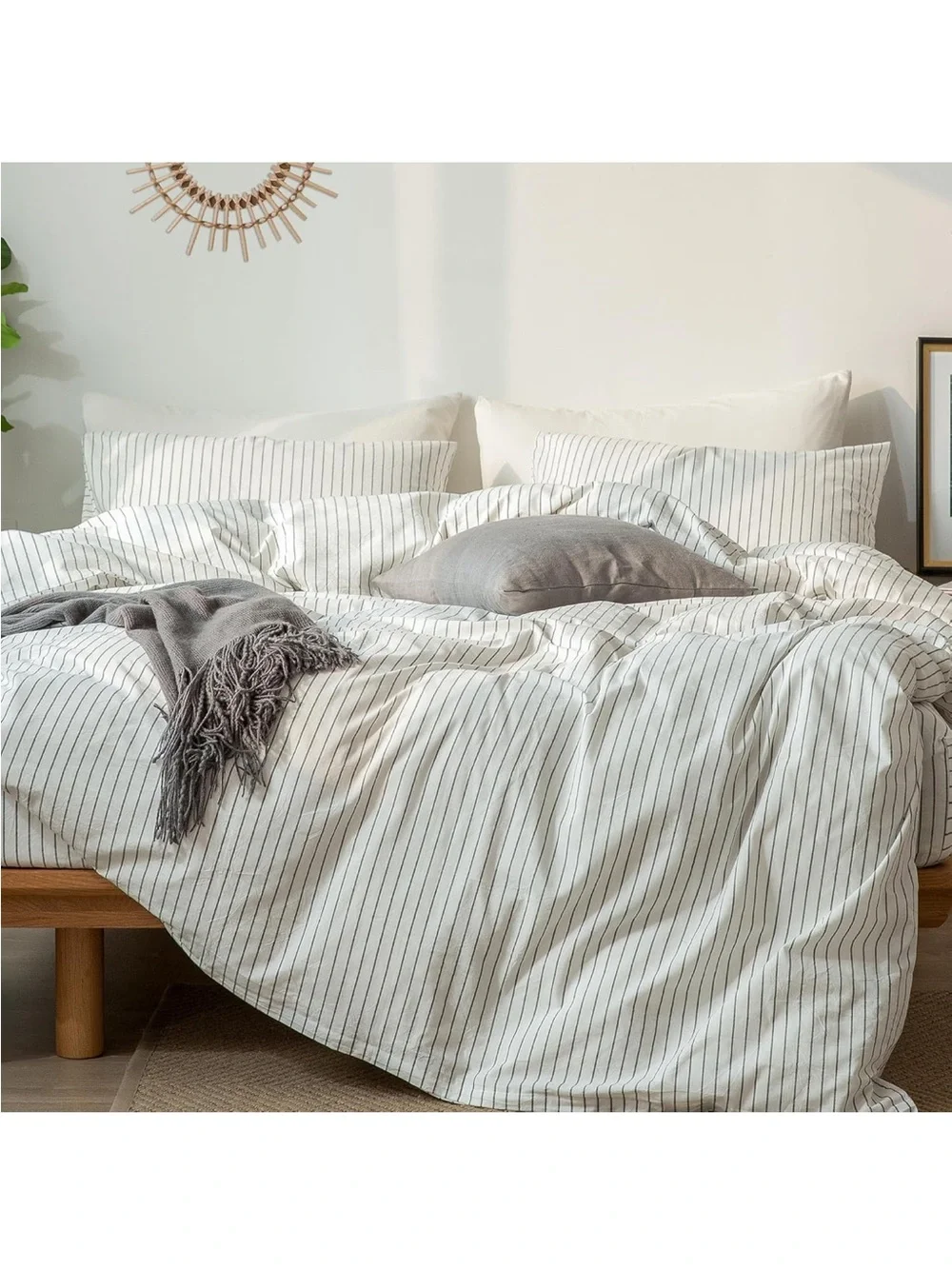 NEW MooMee Striped Duvet Cover Set 100% Washed Cotton Linen Like Texture